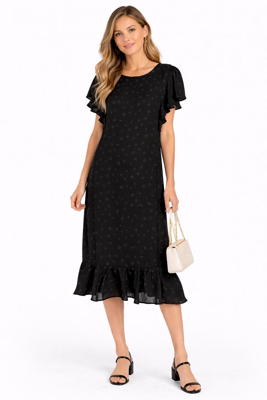 Max Studio Star Print Ruffle Shift Midi Dress Black Womens Size Small New